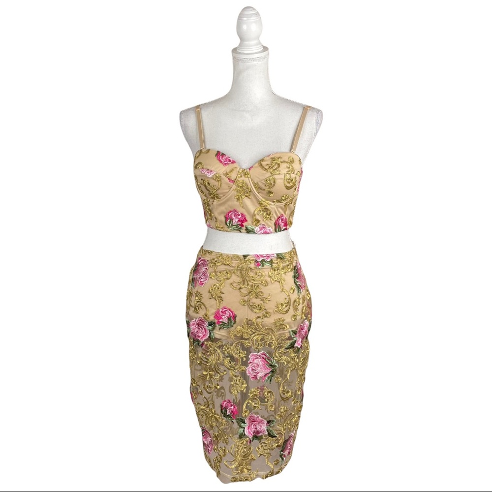 Fashion Nova Can't Stop Desire Set Gold Lace Crop Top Body Con Midi Dress Skirt